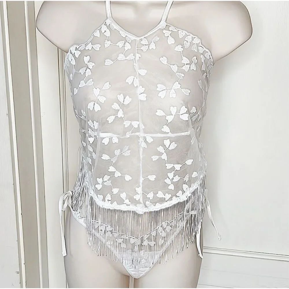 Dreamgirl Embroidered Heart Fringed Babydoll & G-String Panty Set White One Size